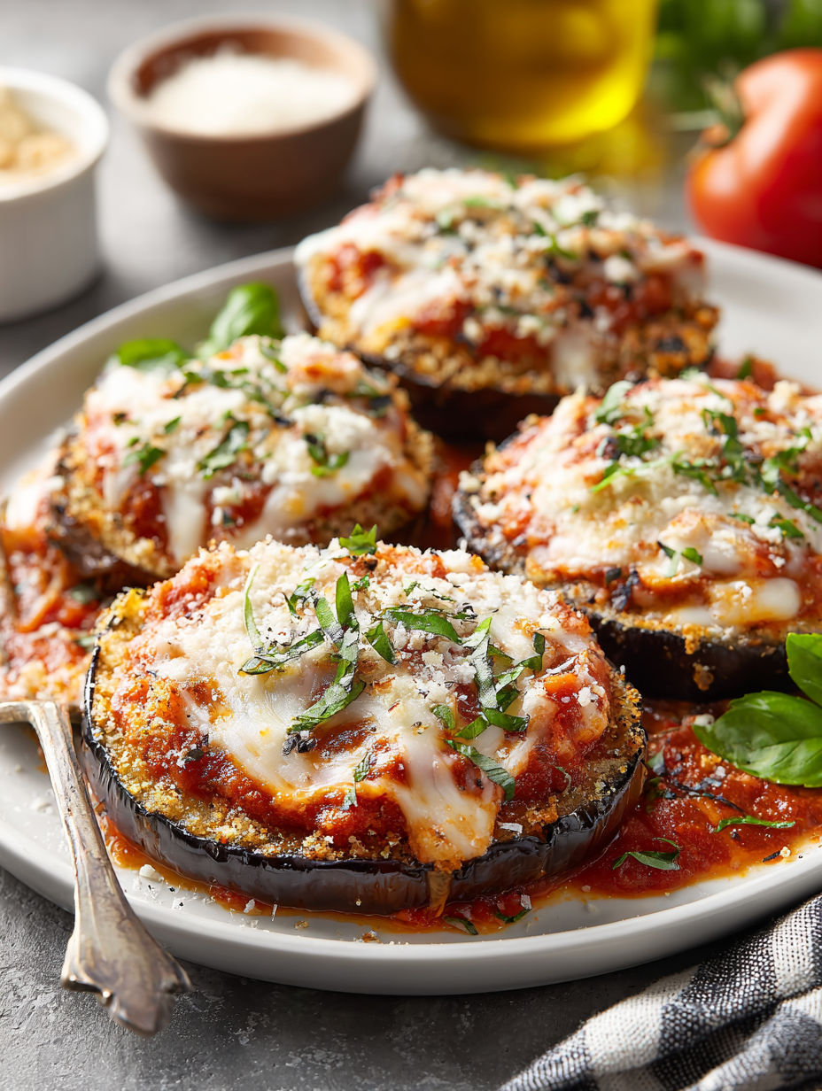 A plate of vegan eggplant parmesan.