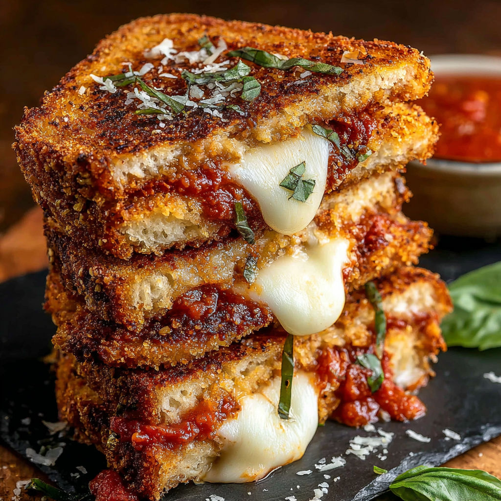 A stack of grilled cheese sandwiches with marinara sauce.