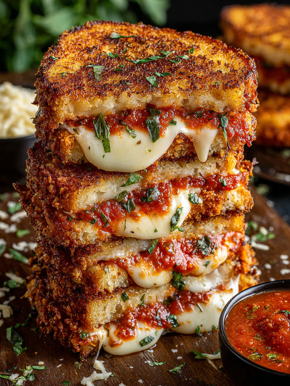 A stack of grilled cheese sandwiches with marinara sauce.