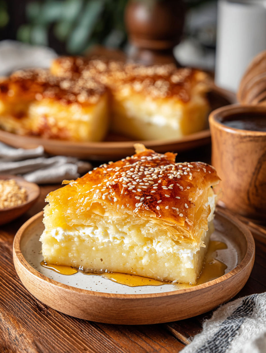 A slice of Greek honey dessert on a plate.