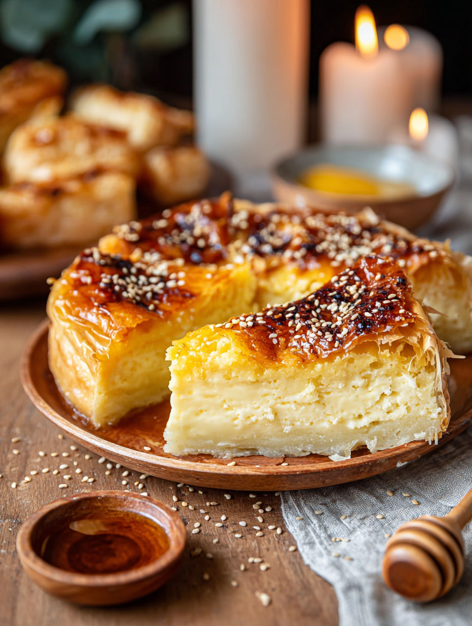 A slice of Greek honey dessert on a plate.