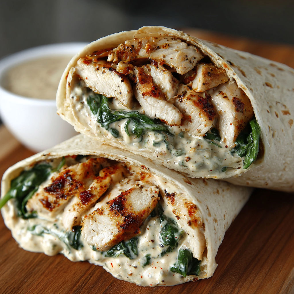 A creamy garlic chicken wrap is shown on a wooden table.