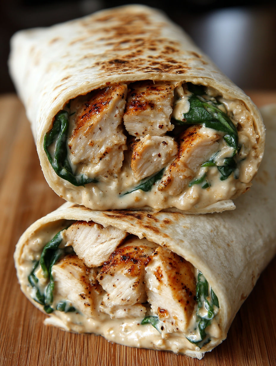 A chicken wrap with green leaves.