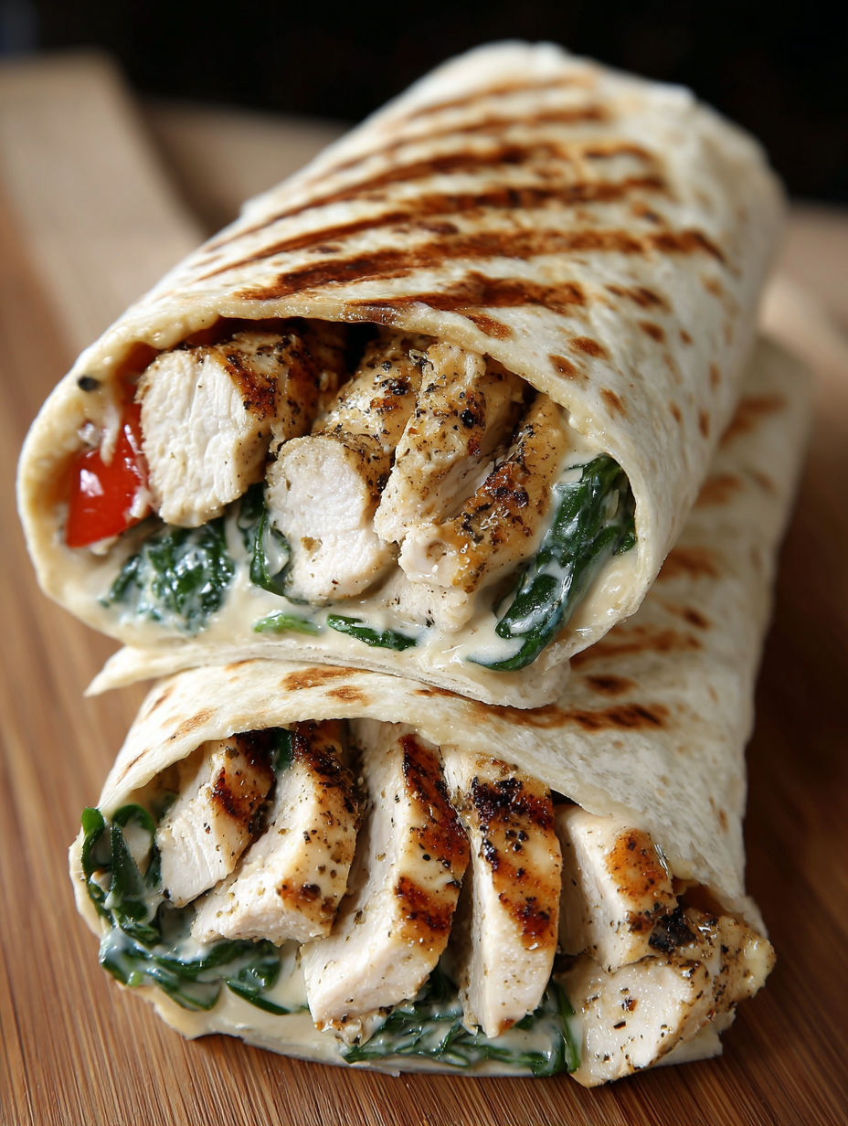 A creamy garlic chicken wrap is shown on a table.