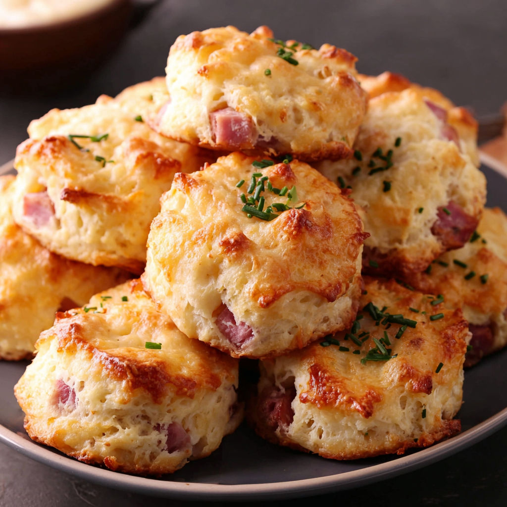 A plate of biscuits with ham and cheese.