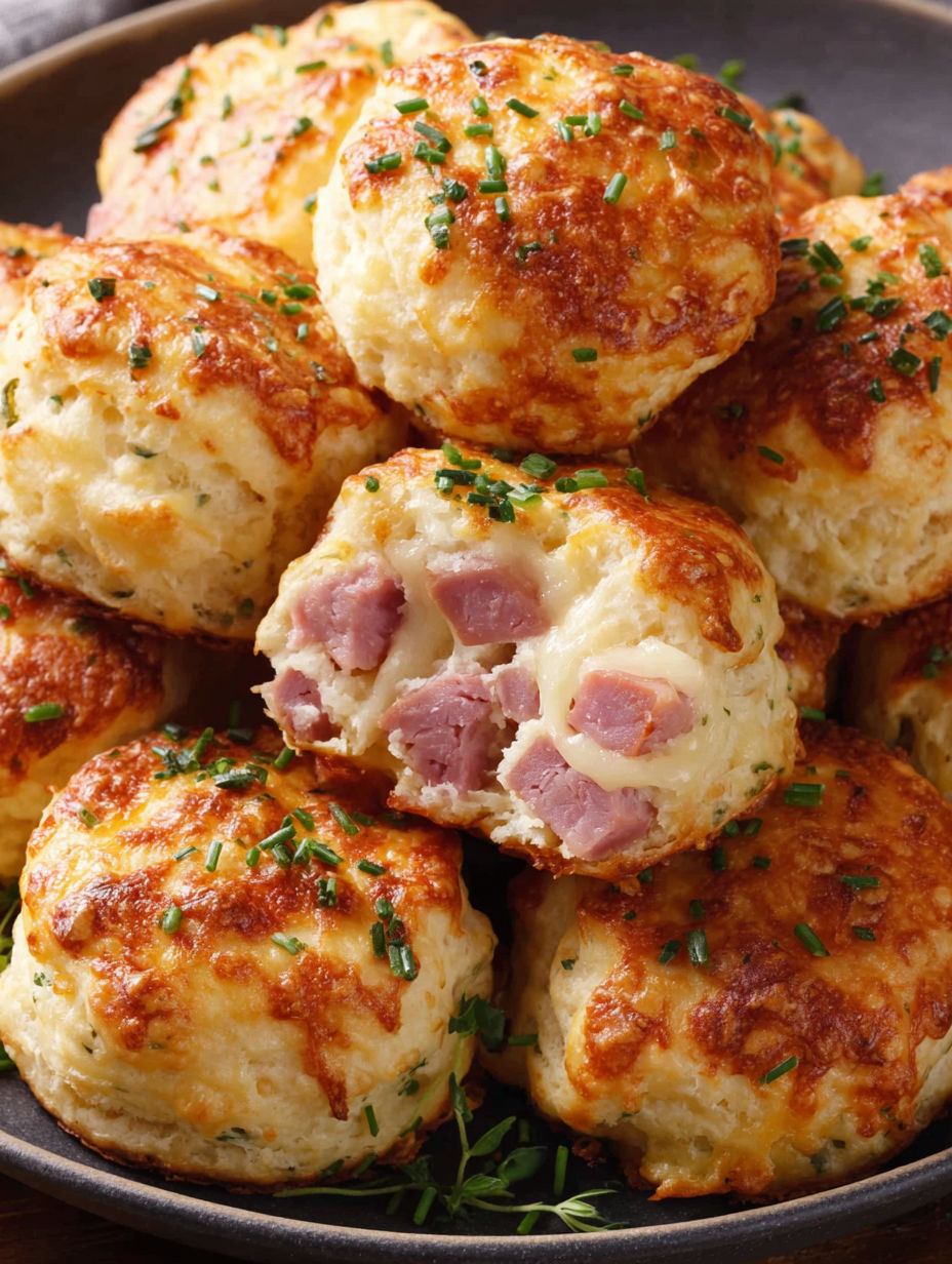 A stack of biscuits with ham and cheese.