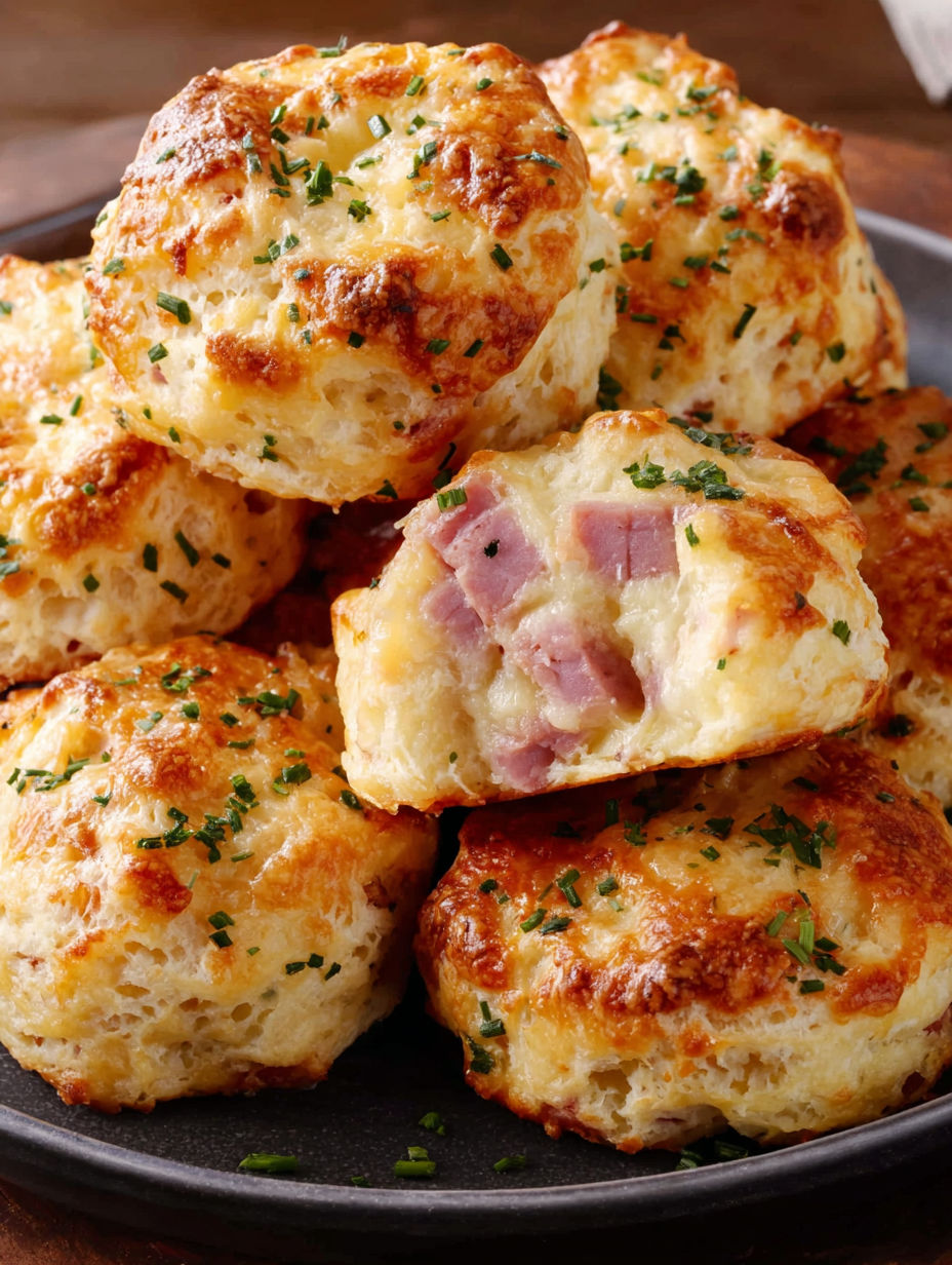 A plate of biscuits with ham and cheese.