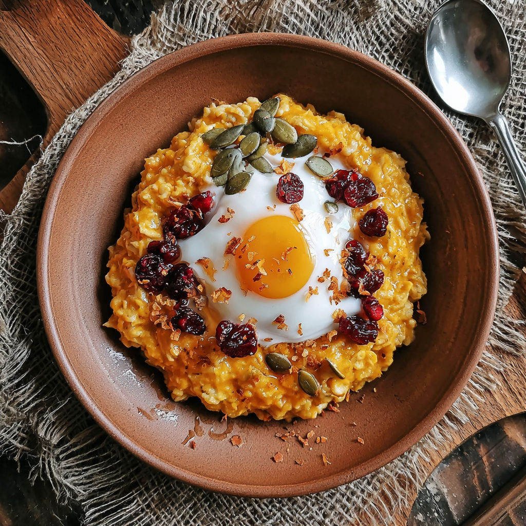 A bowl of oatmeal with a fried egg on top.
