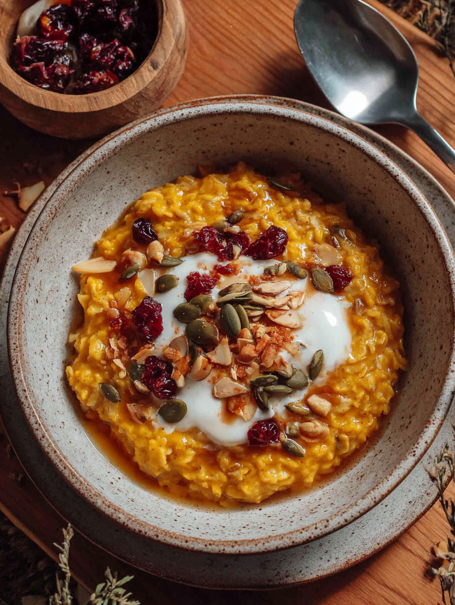 A bowl of pumpkin oatmeal with nuts and fruit on top.