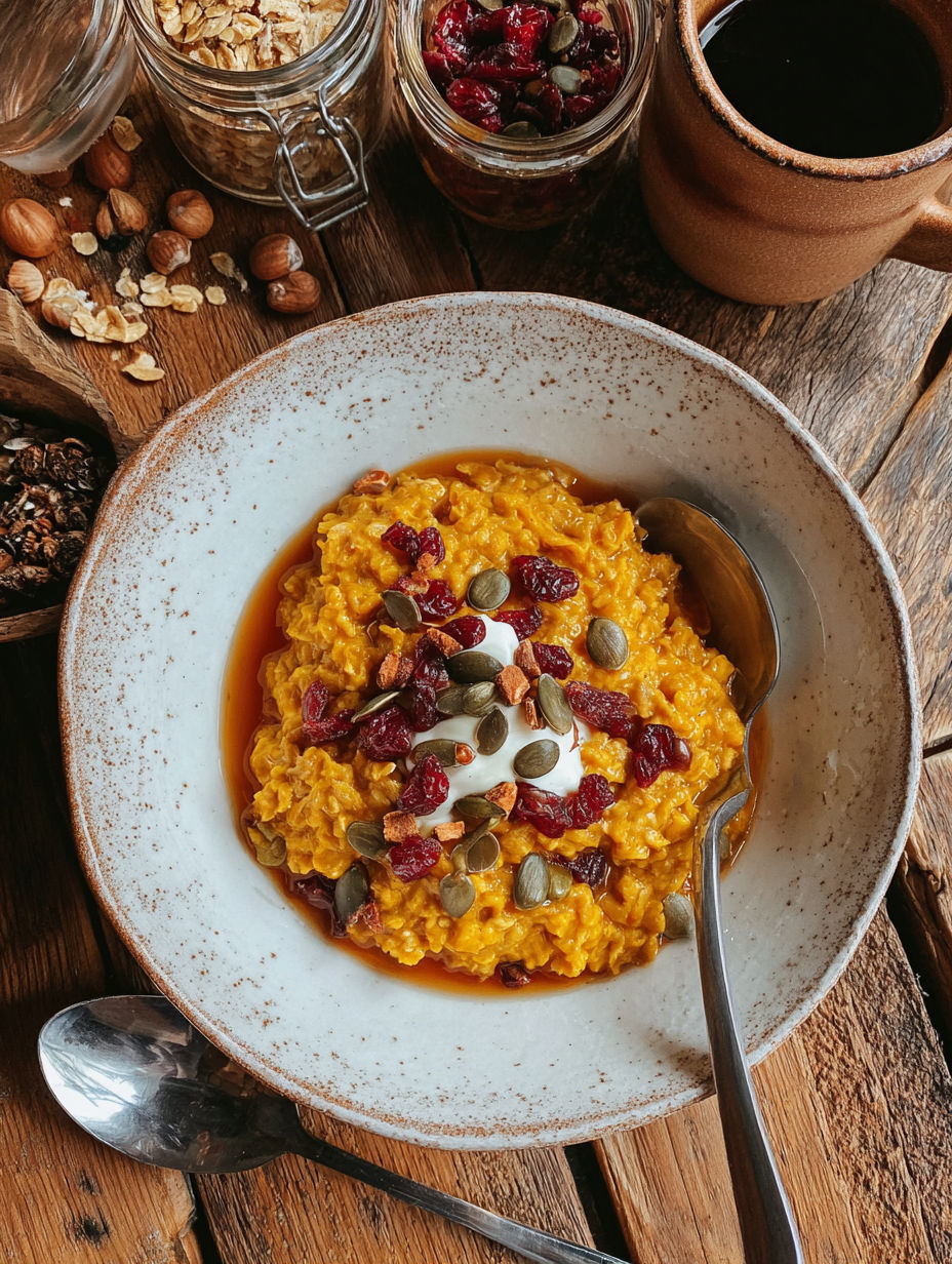 A bowl of pumpkin oatmeal with a spoon in it.