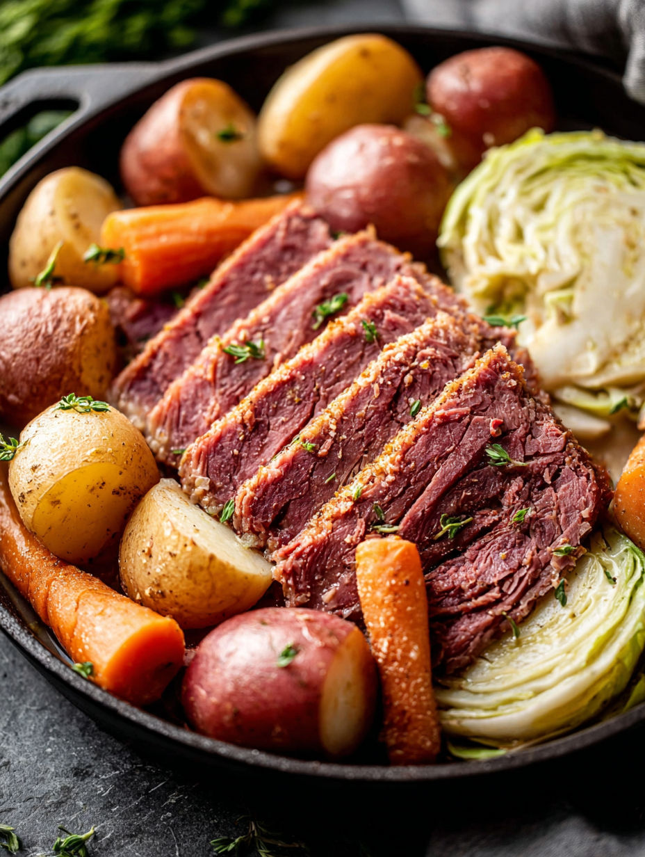 A close up of a crockpot with corned beef and cabbage.