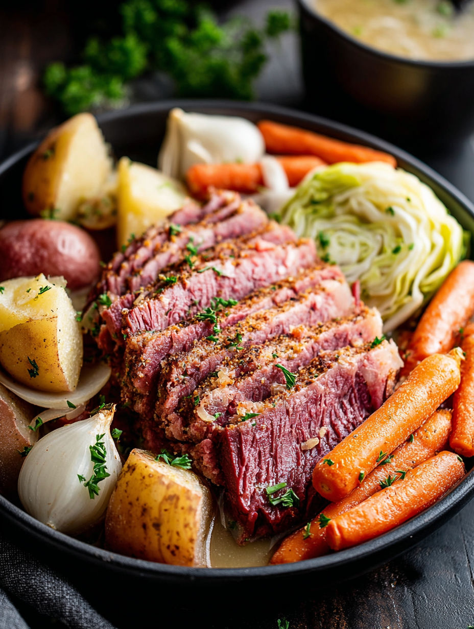 A close up of a crockpot with corned beef and cabbage.