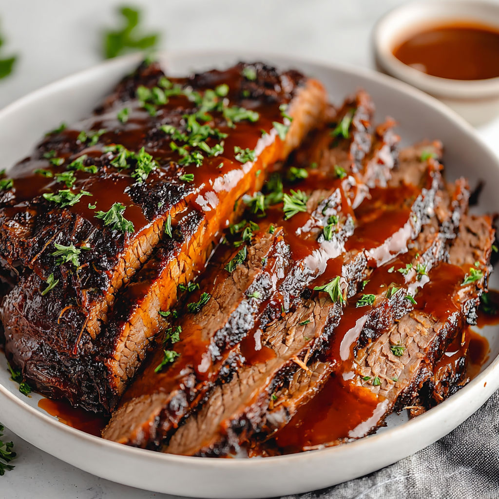 A plate of slow cooked BBQ beef brisket.