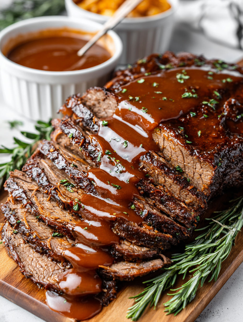 A close up of a delicious slow cooked BBQ beef brisket.