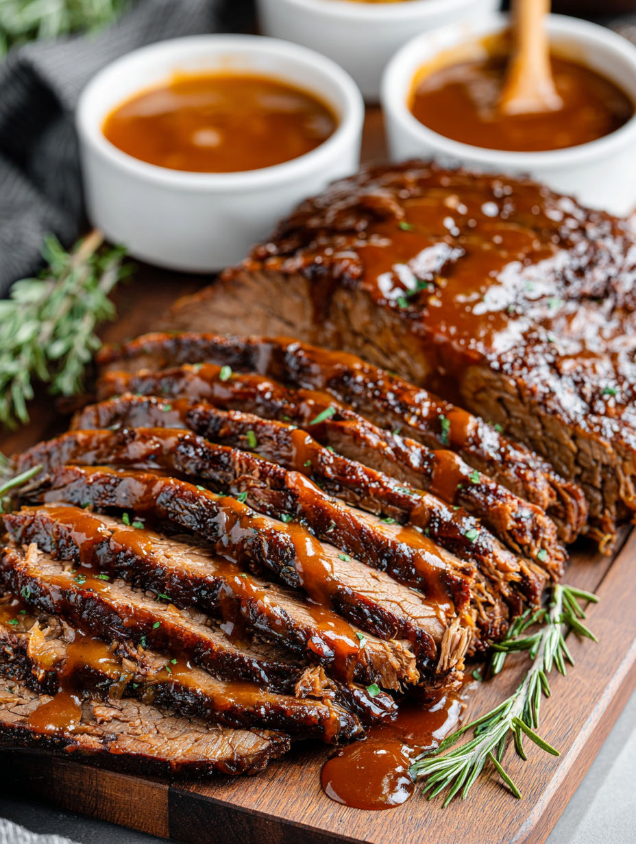A close up of a beef brisket with BBQ sauce.