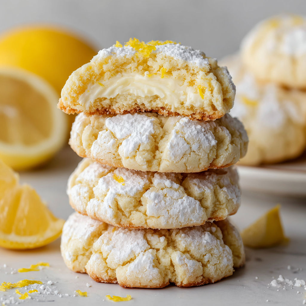 Lemon Cheesecake Cookies stacked on a table.