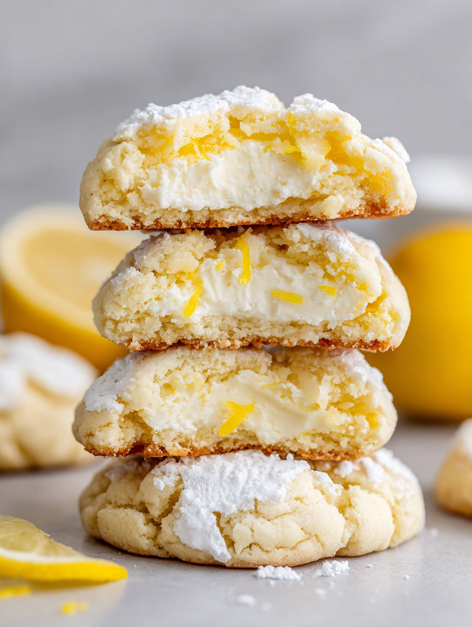 Three stacked cookies with lemon and white icing.