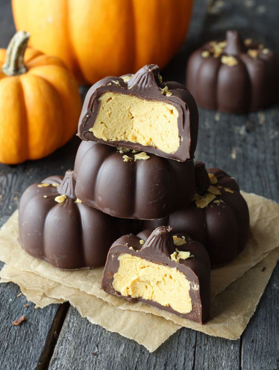 Chocolate peanut butter pumpkins on a table.