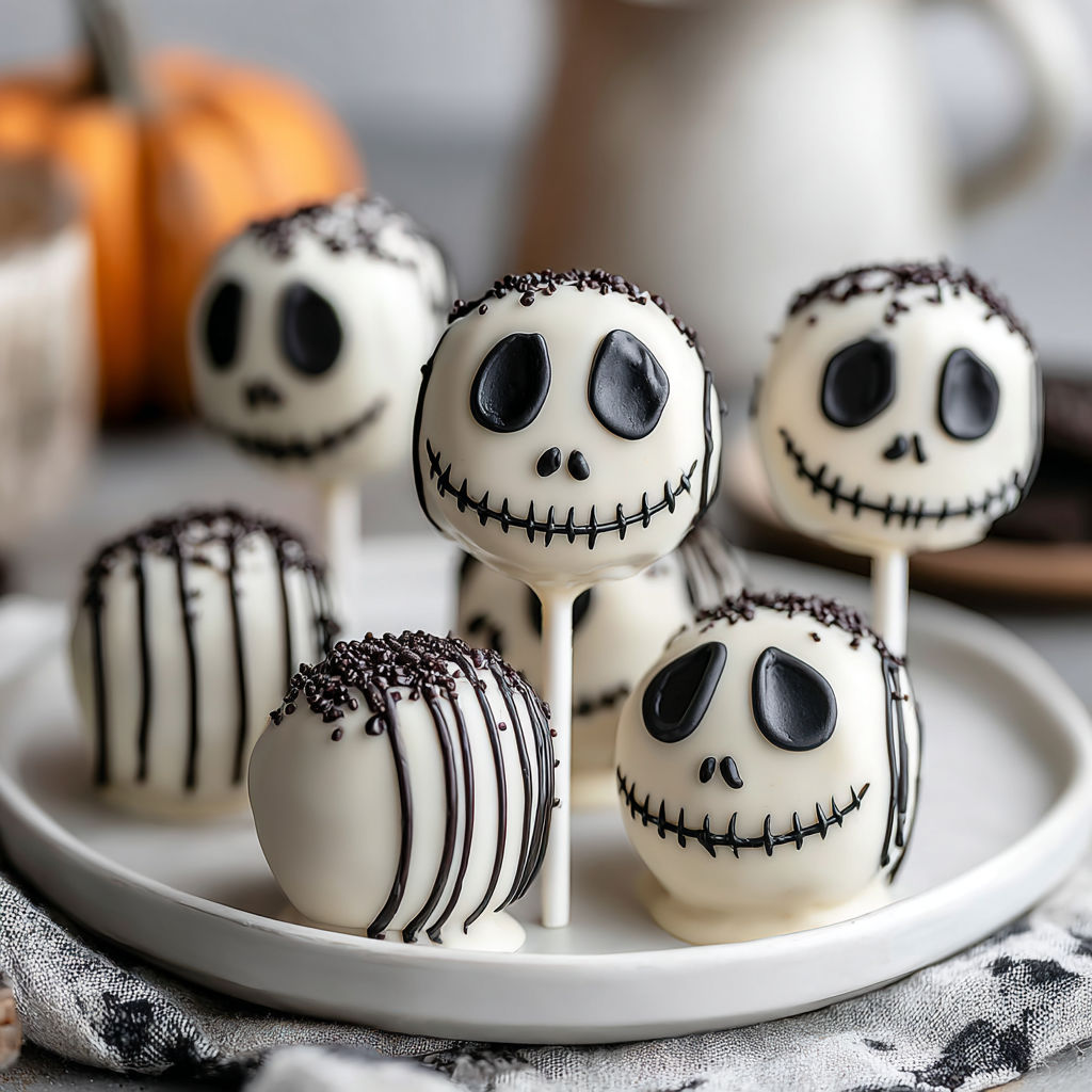 Jack Skellington Oreo Pops on a plate.