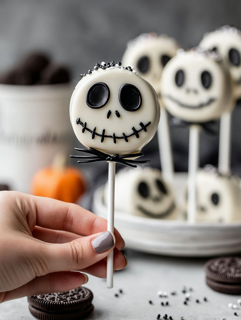 A person holding a Jack Skellington Oreo pop.