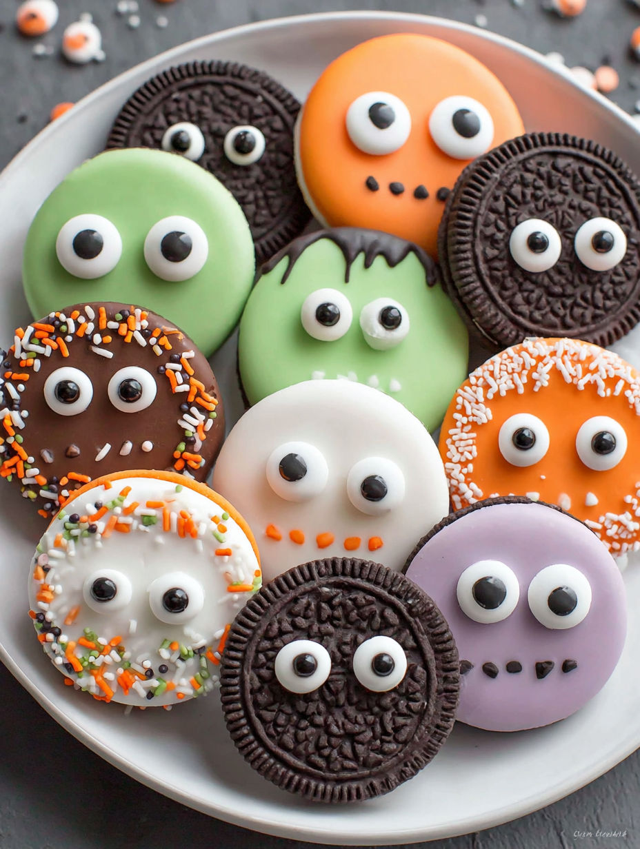 A plate of Halloween cookies with scary faces on them.