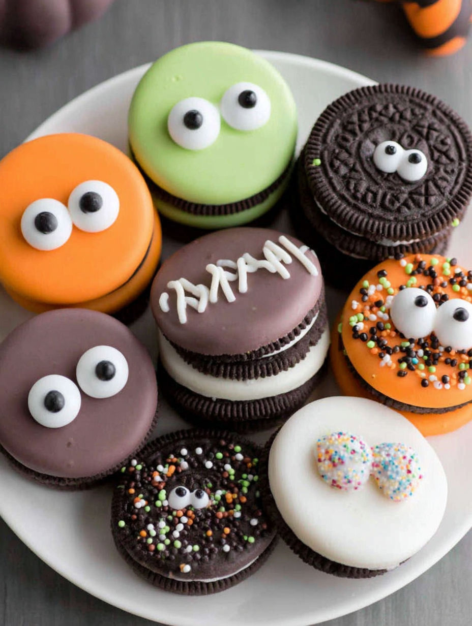 A plate of Halloween cookies with creepy faces on them.