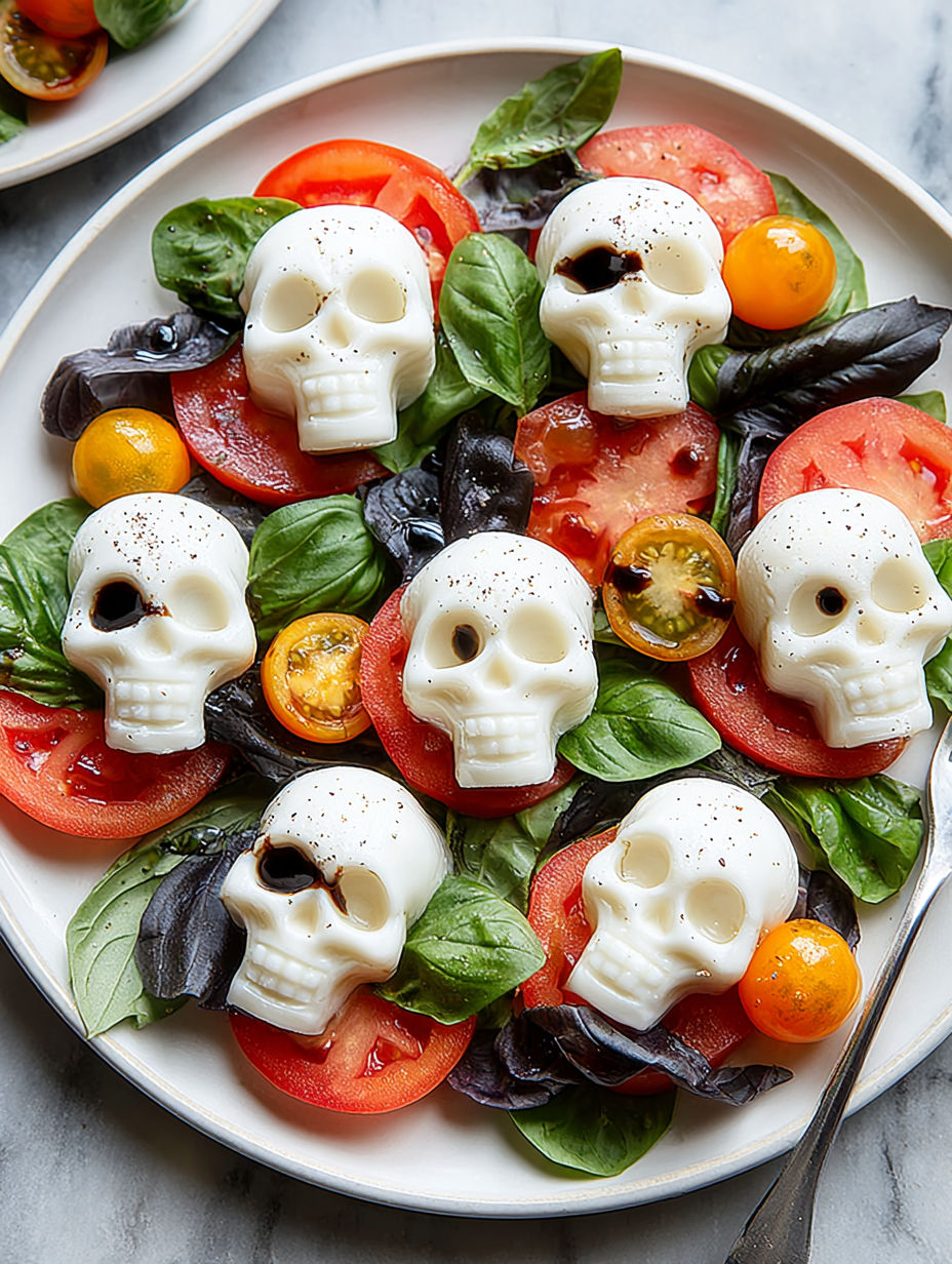 A plate of Caprese salad with mozzarella skulls.