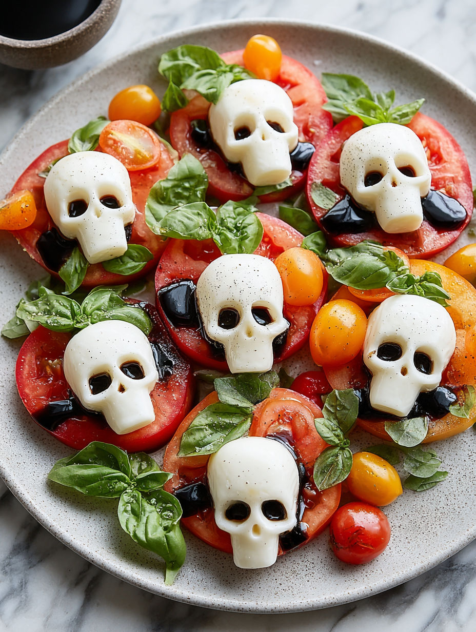 A plate of food with tomatoes and mozzarella cheese shaped like skulls.