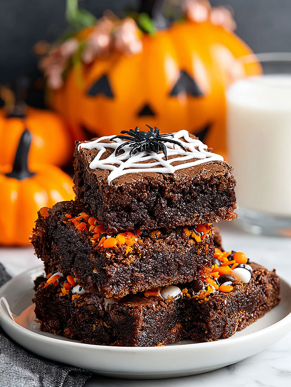 Three stacks of brownies with a spider web design on top.