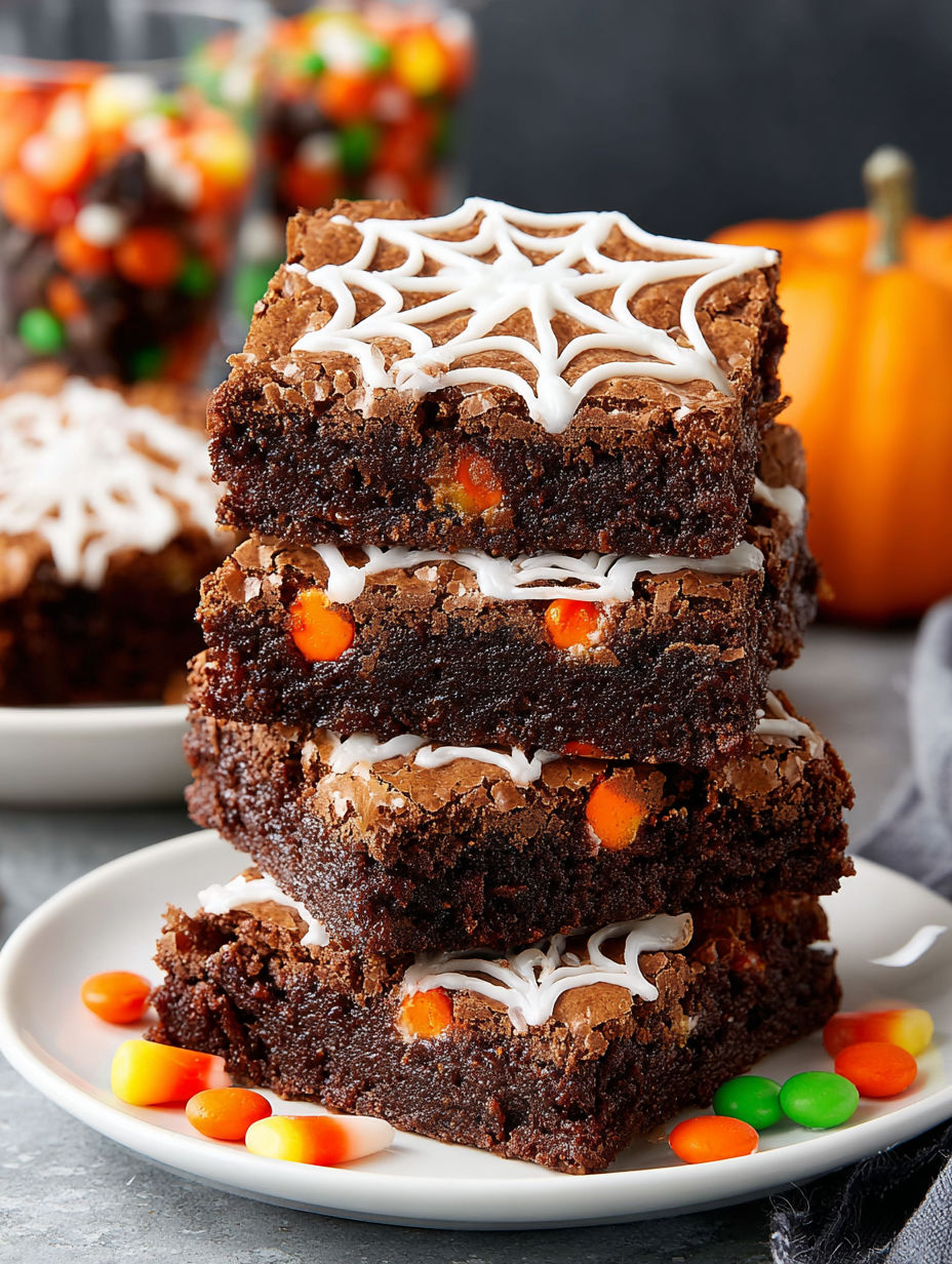 Three layers of brownies with white icing and orange candy.