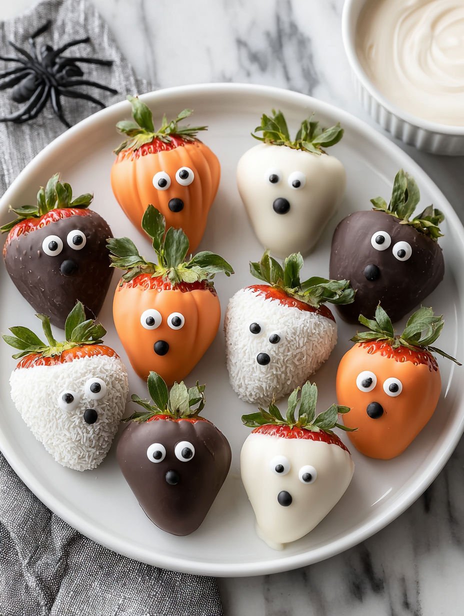A plate of chocolate covered strawberries with googly eyes.