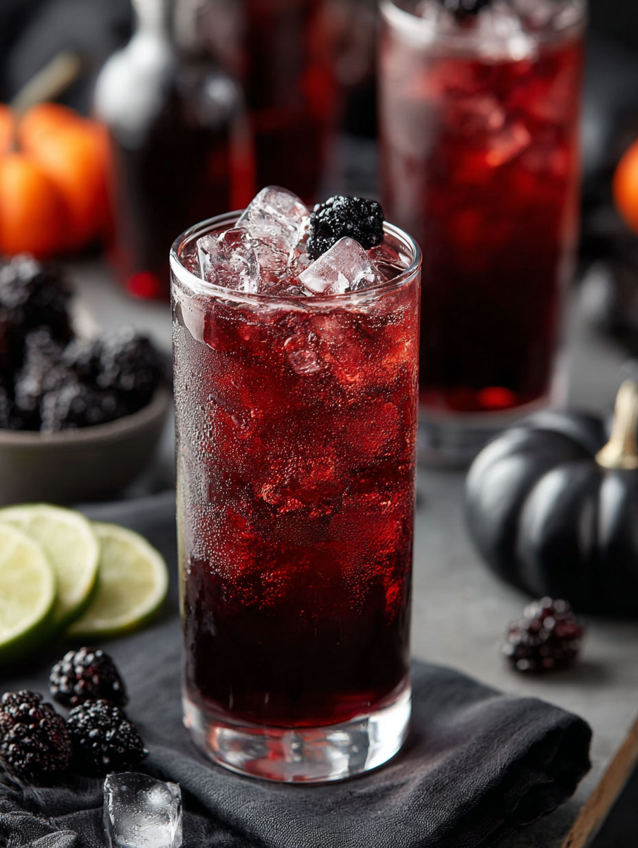 A glass of Black Widow Sparkler Halloween Drink.