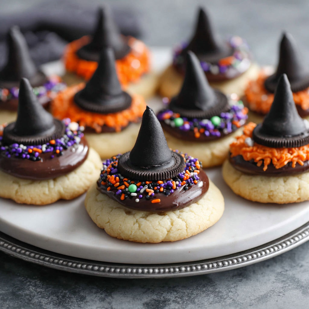 A plate of Halloween witch cookies.