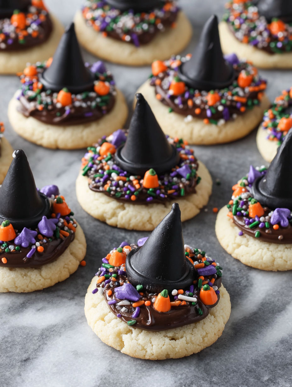 A cookie with a chocolate frosting and a purple hat.