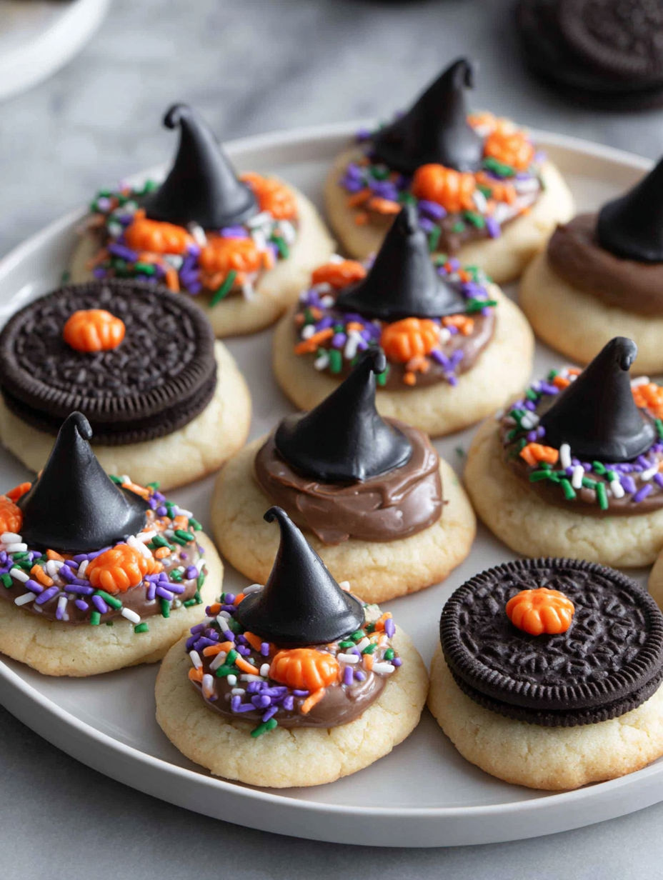 A plate of cookies with chocolate and white icing and black hats.