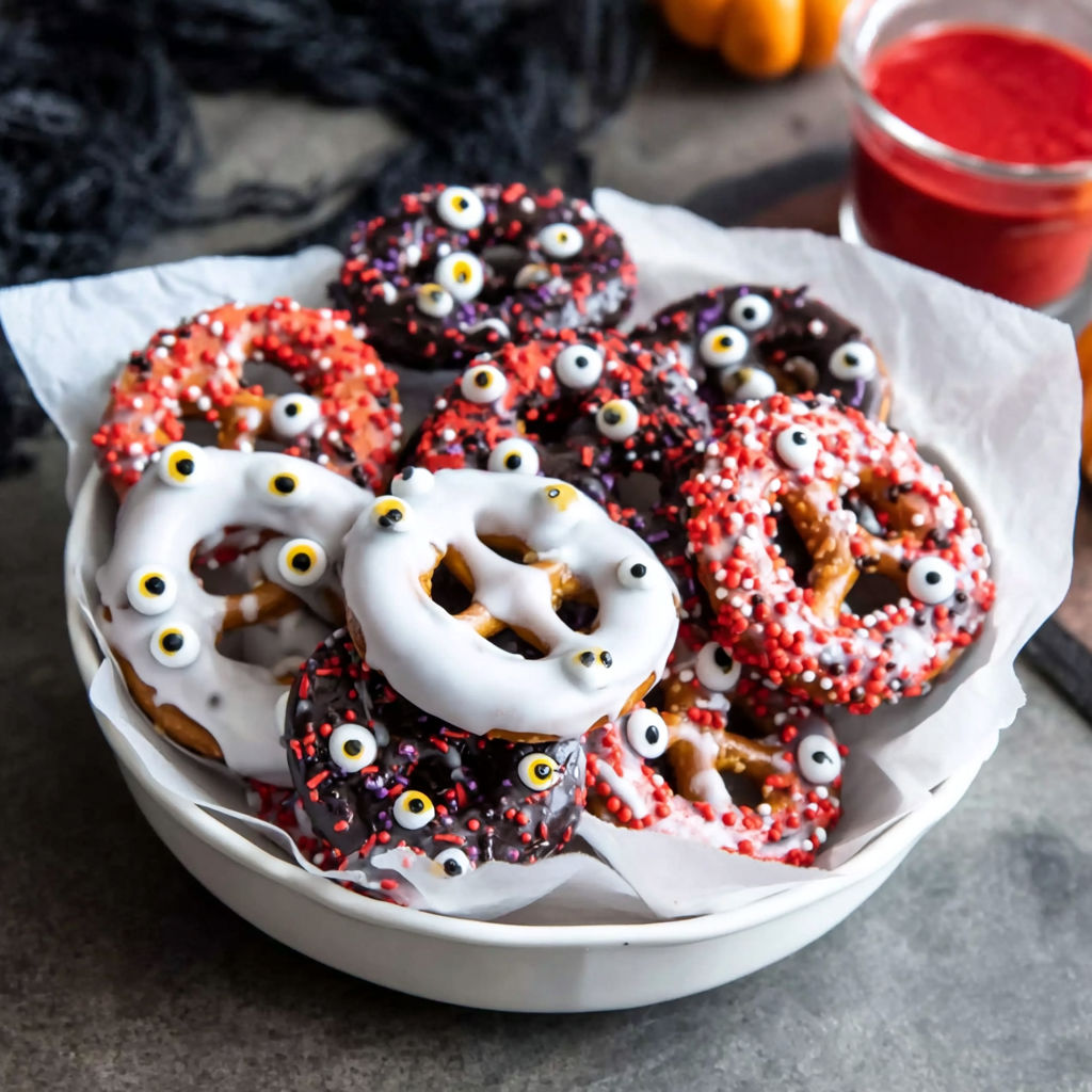 A bowl of pretzels with eyes and a red glaze.