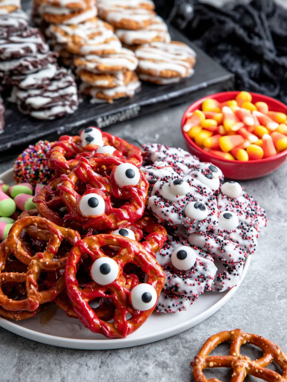 A plate of Halloween pretzels with eyes and a bowl of candy.