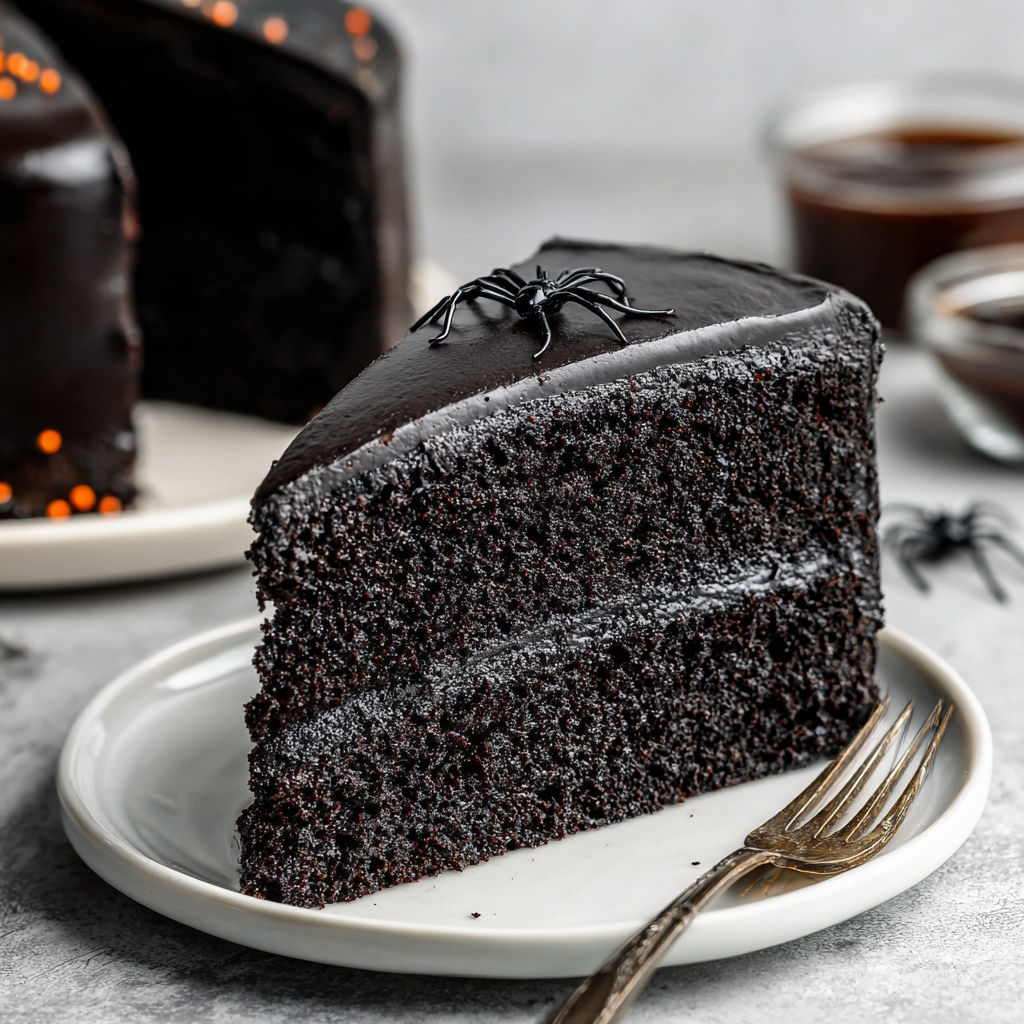 A slice of black velvet cake with a spider web on top.