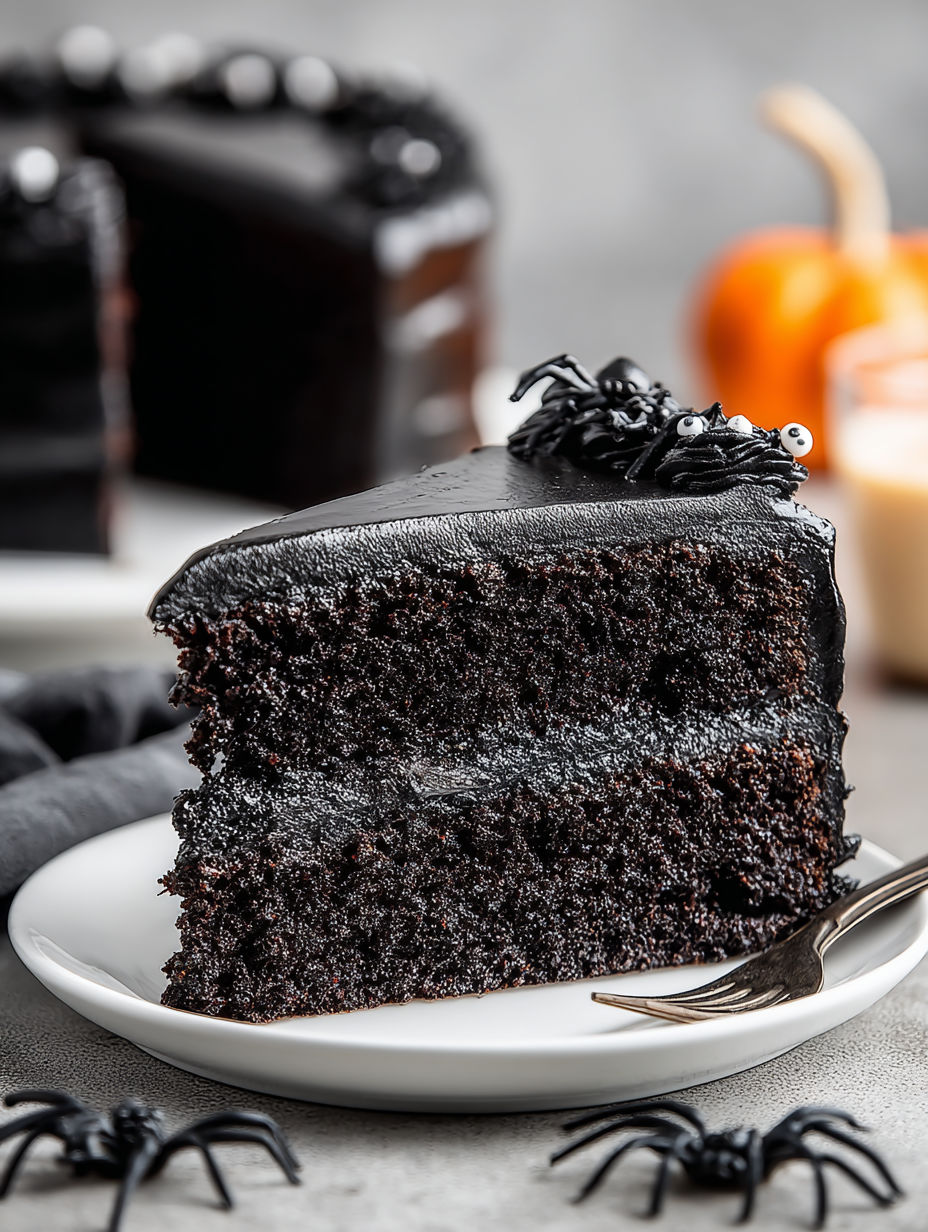 A slice of black velvet cake on a plate.