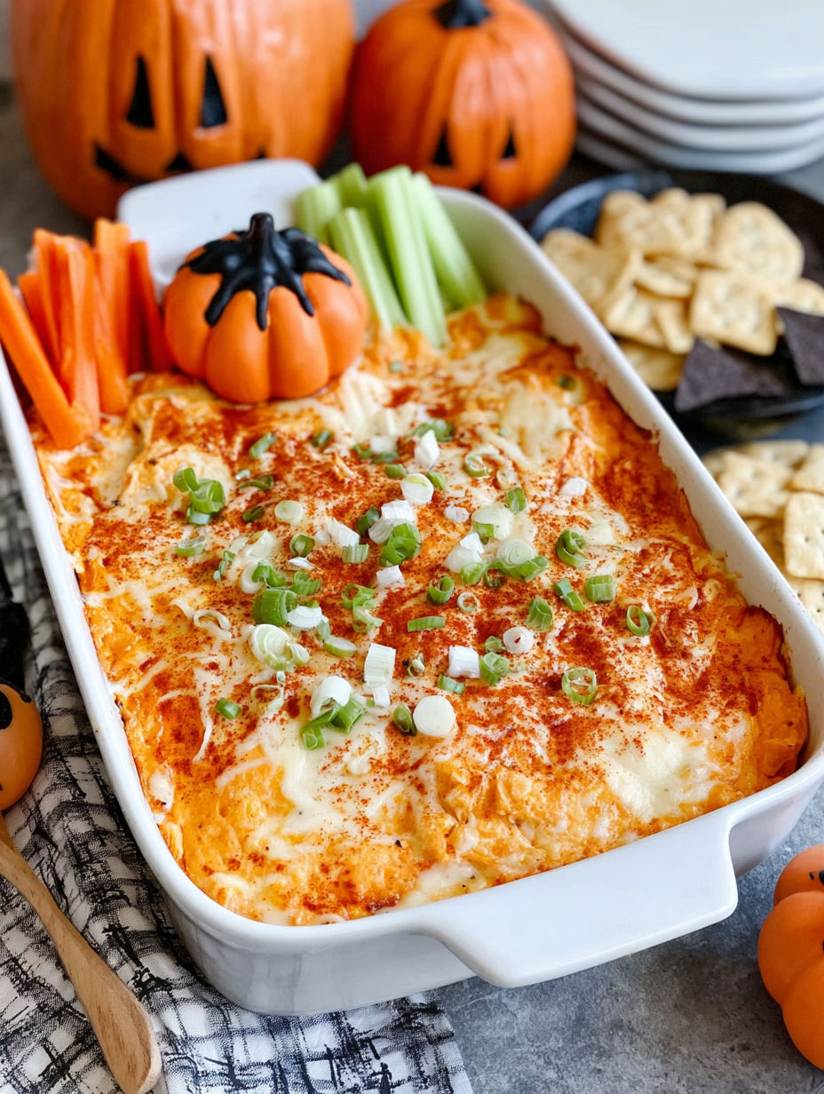 A white bowl filled with a cheesy dip and vegetables.