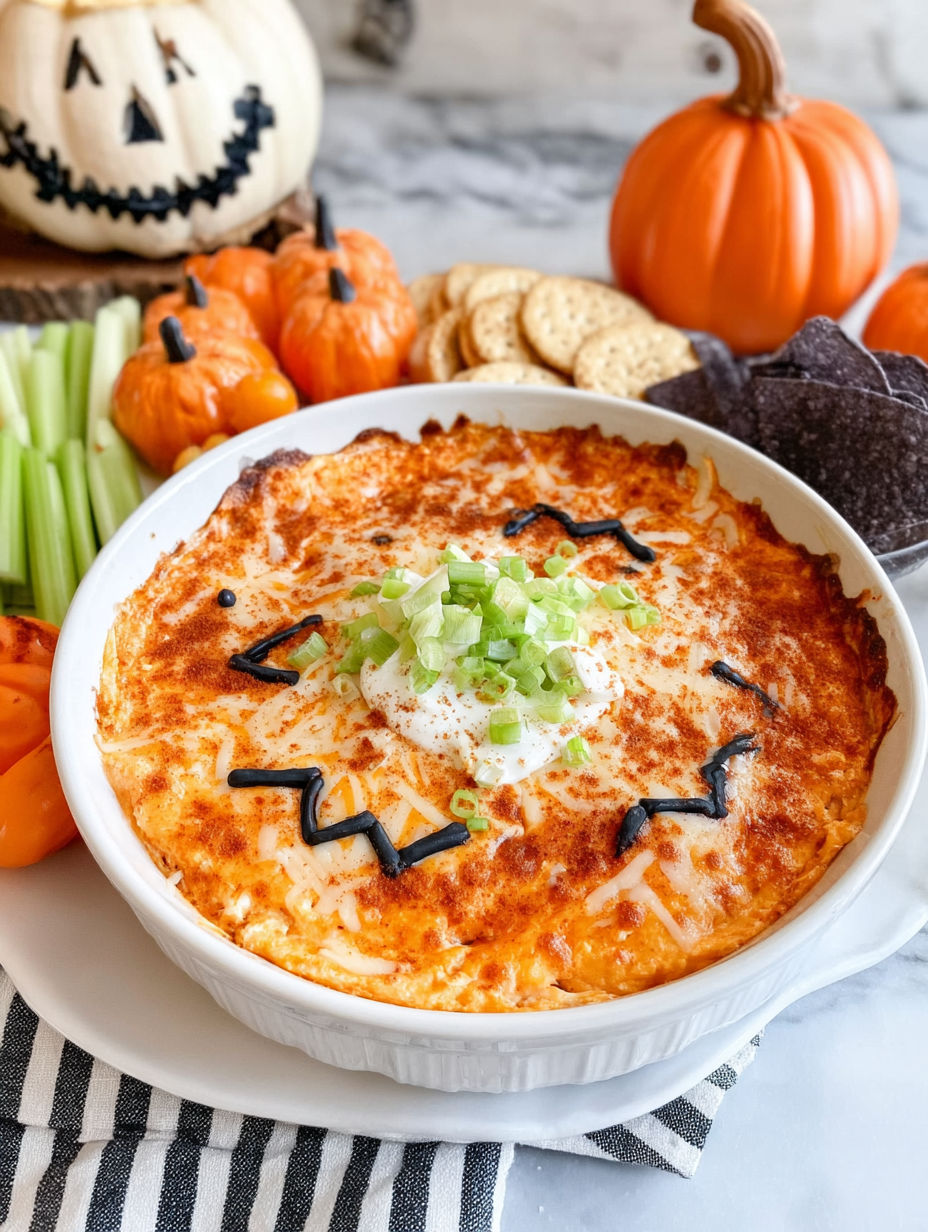 A white bowl filled with a dip that is decorated with black and orange shapes.