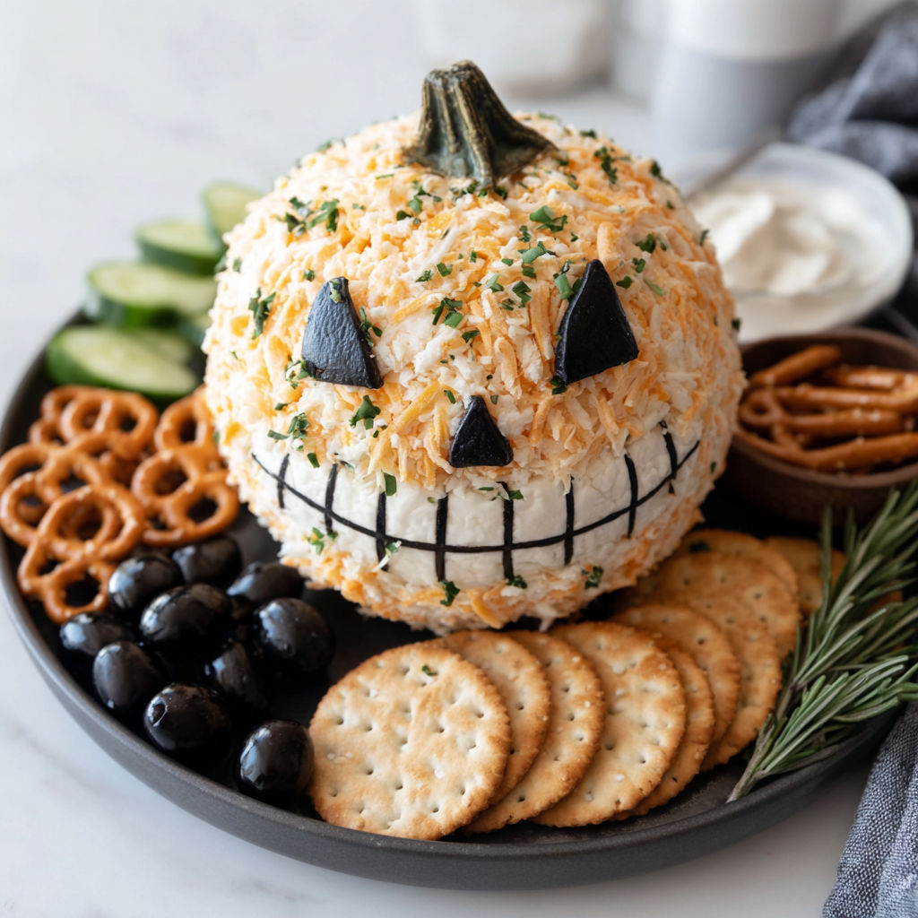 A cheese ball with a face made of olives and crackers.
