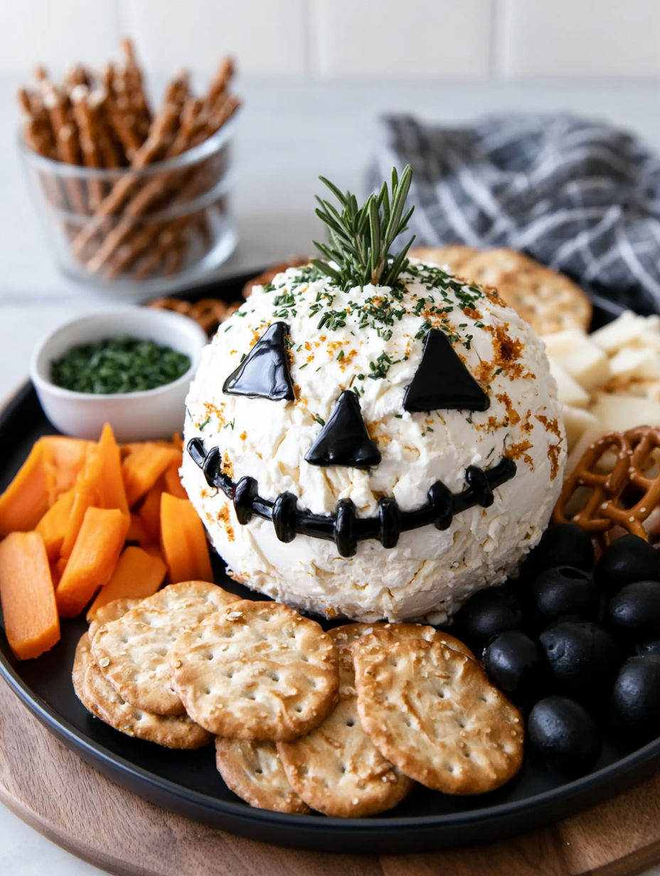 A cheese ball with a face made of cheese and crackers.