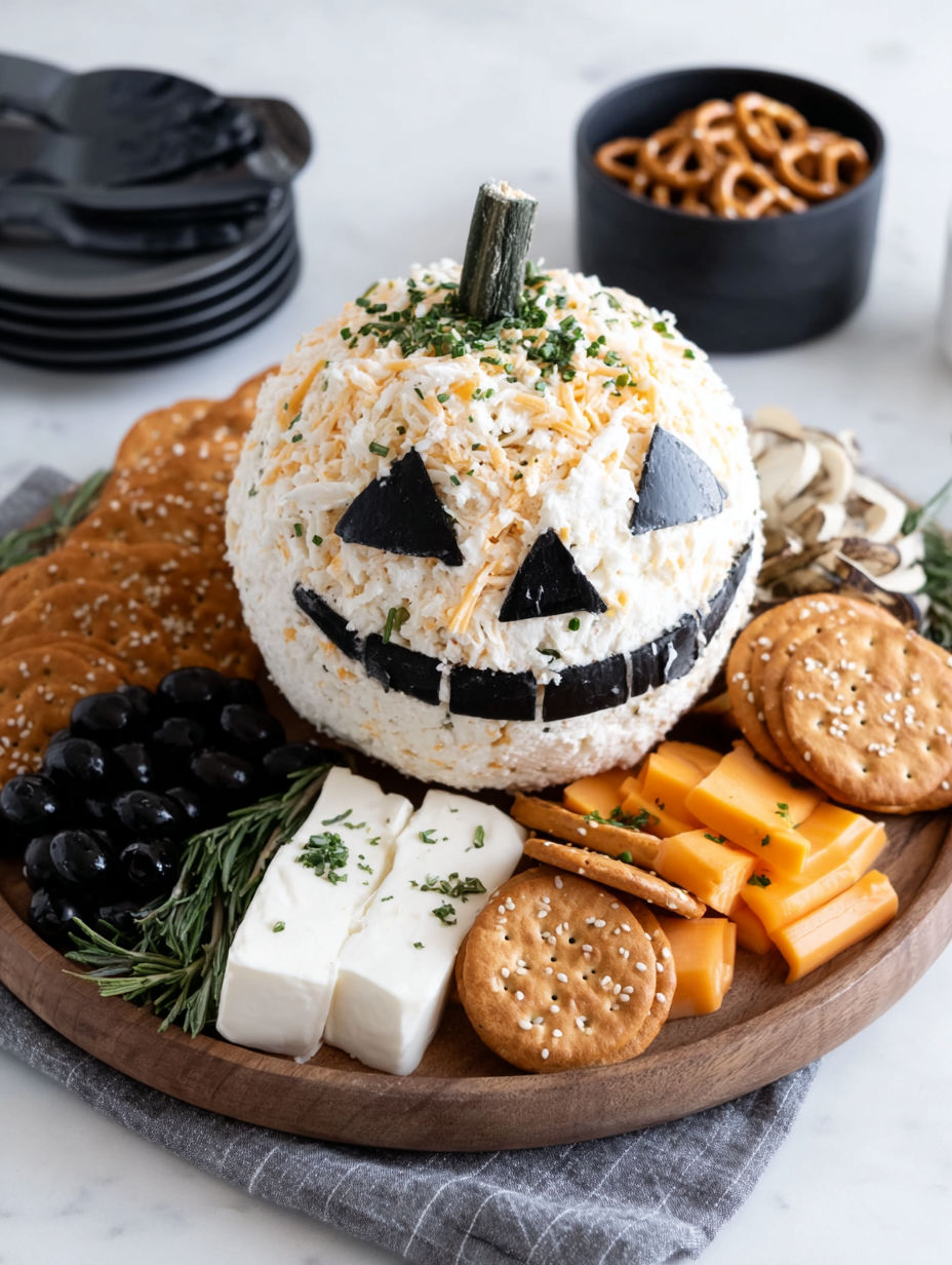 A cheese ball with a black face and a pumpkin on top.