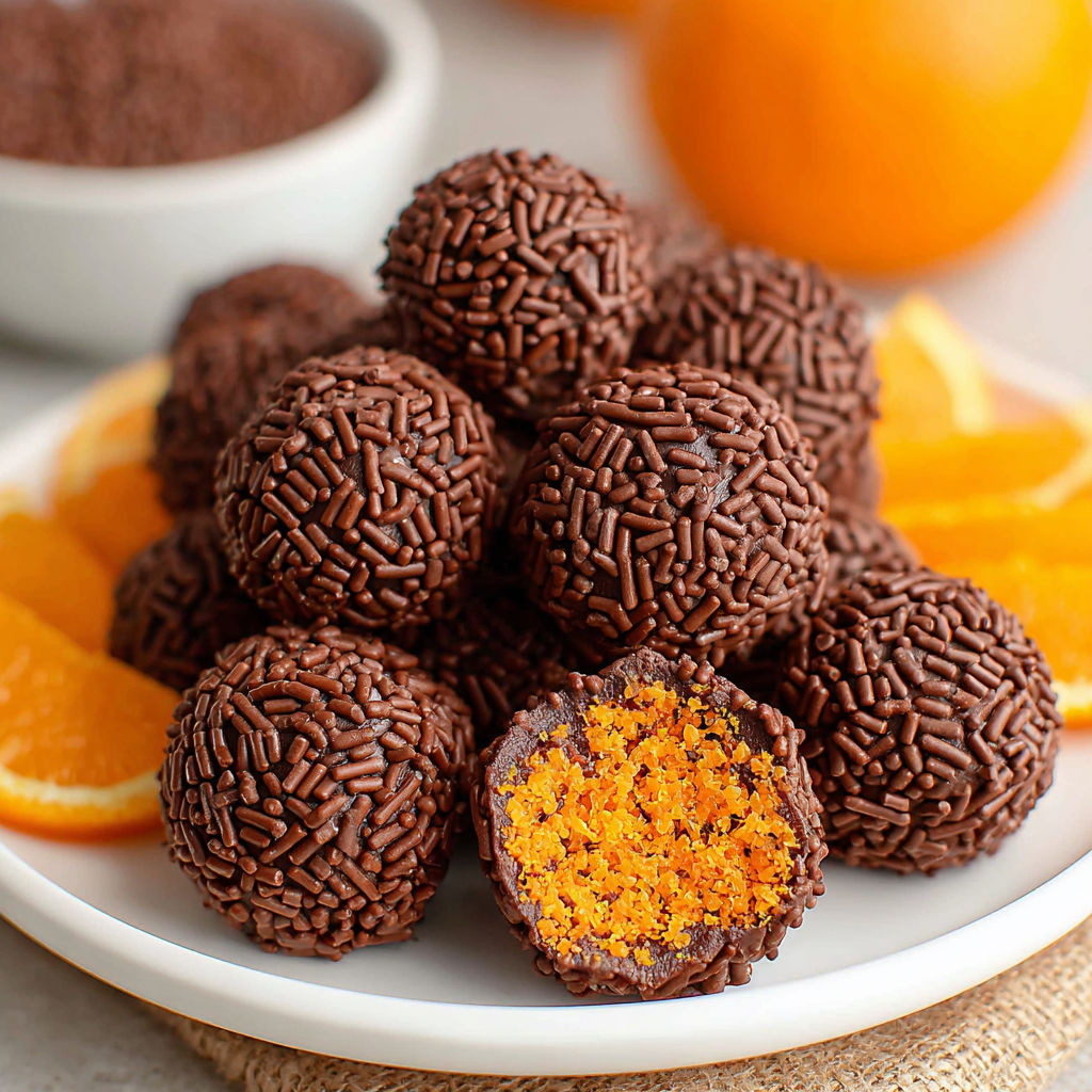 A plate of chocolate truffles with orange slices.