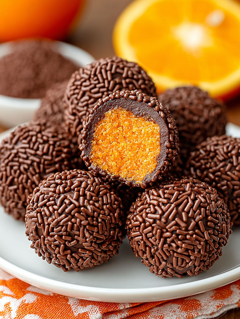 A plate of chocolate truffles with orange centers.