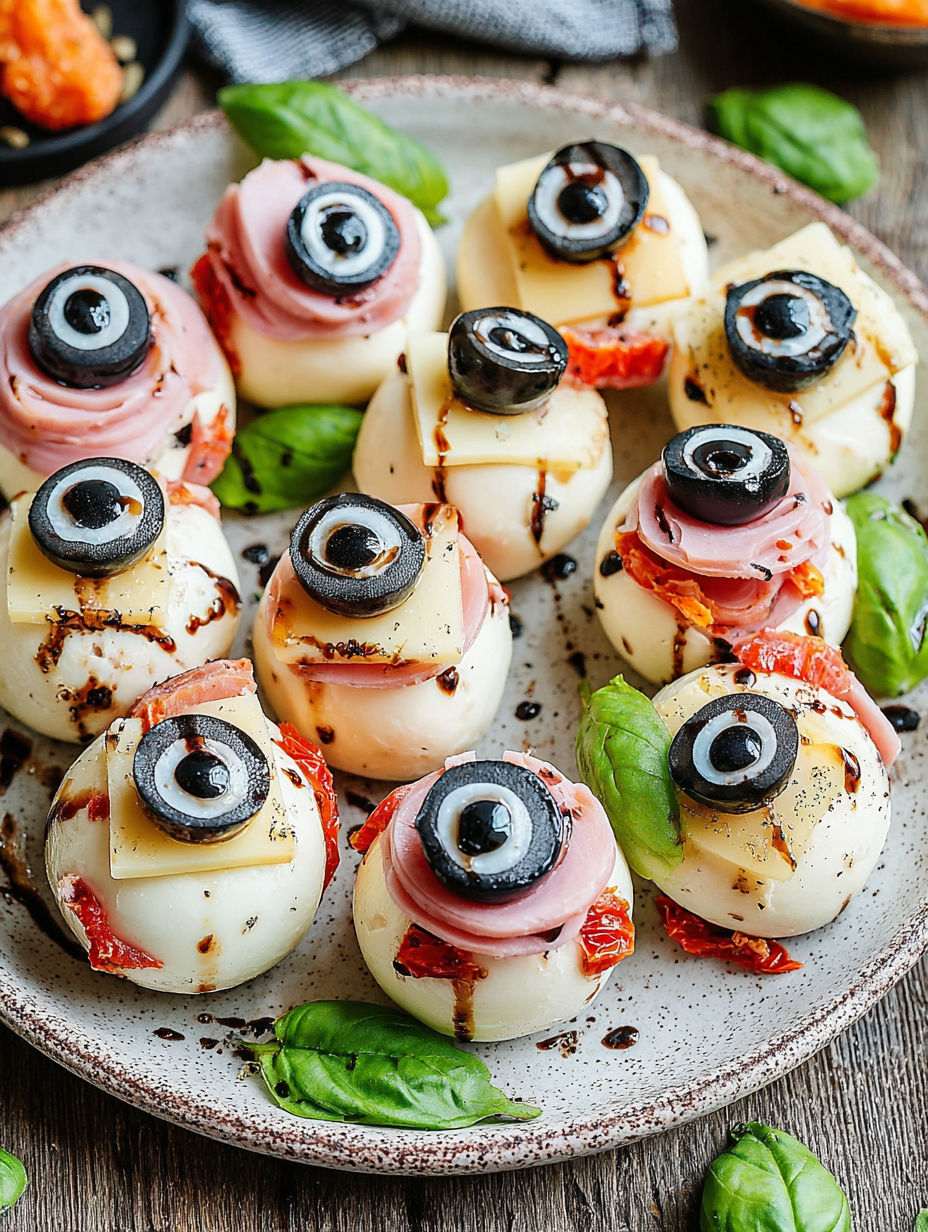 Halloween antipasto eyeballs appetizer.