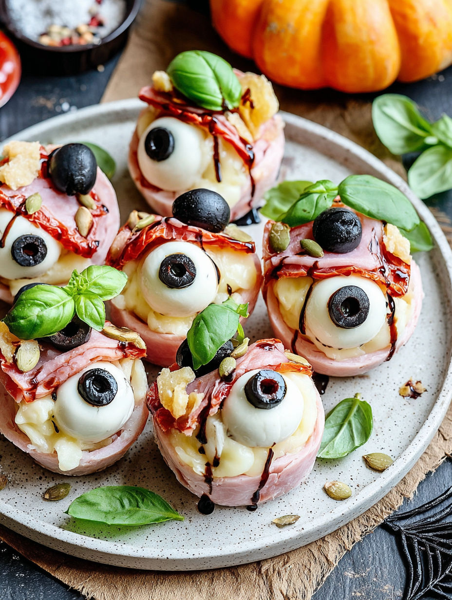 A plate of food with eyeballs on it.