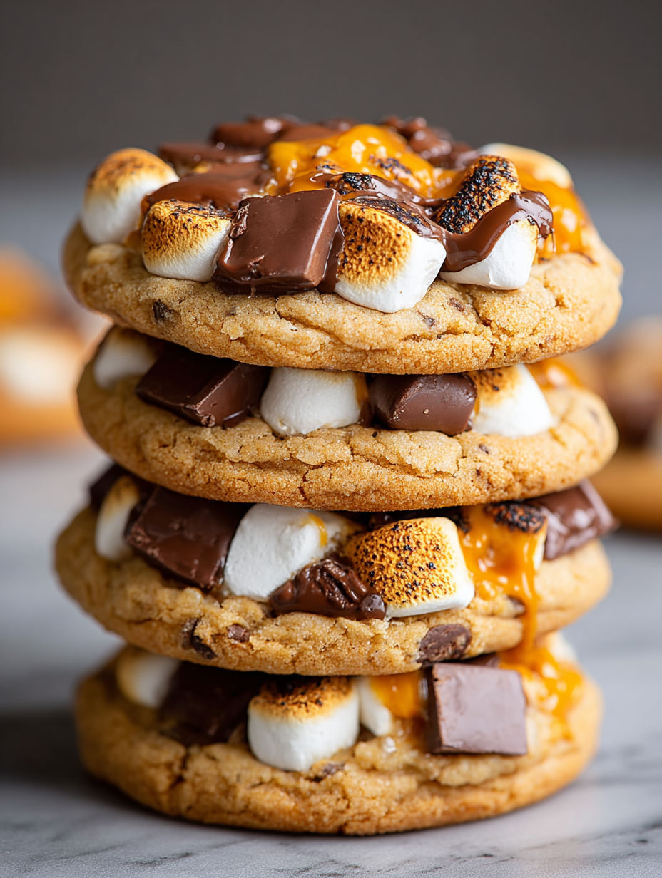 A stack of cookies with marshmallows and chocolate.