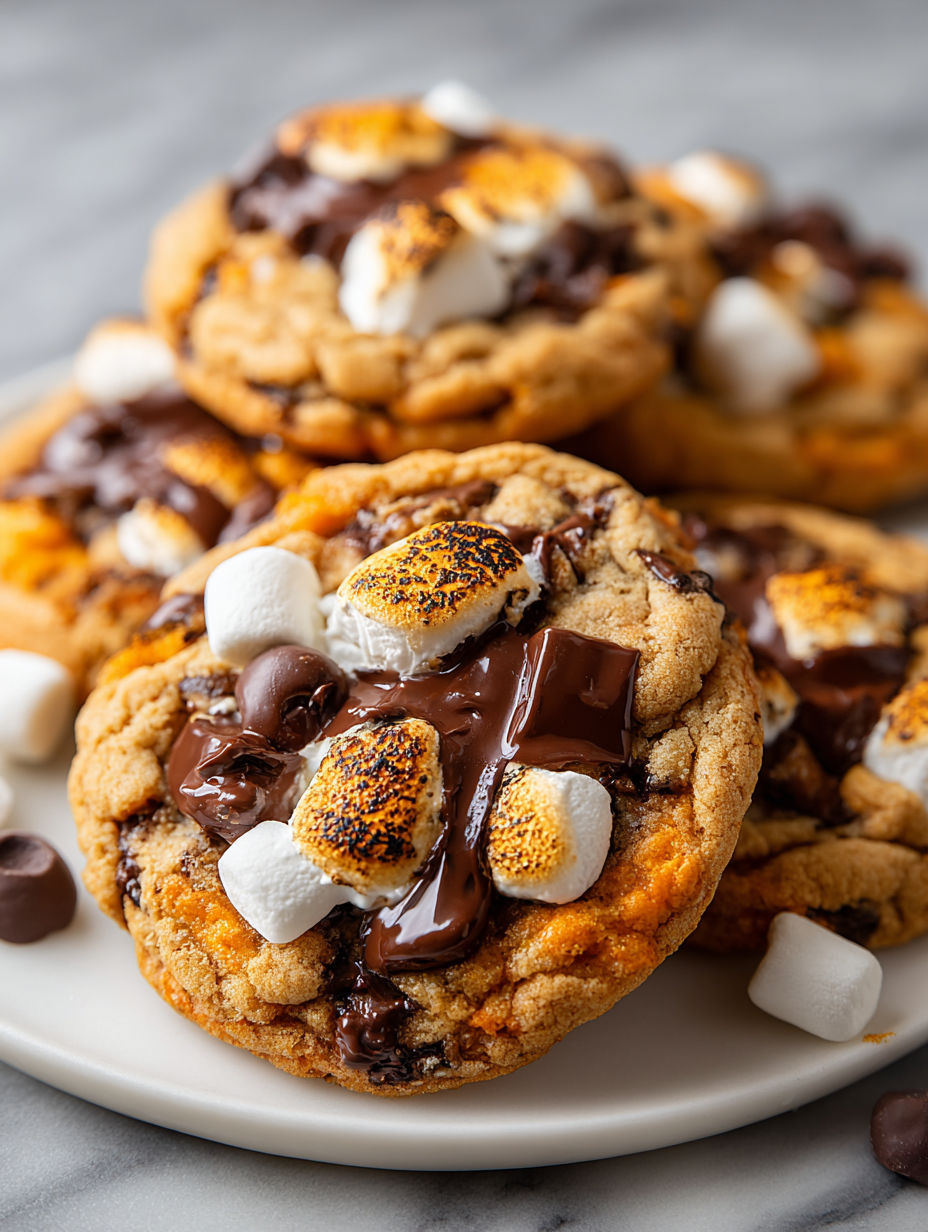 A plate of chocolate chip cookies with marshmallows on top.